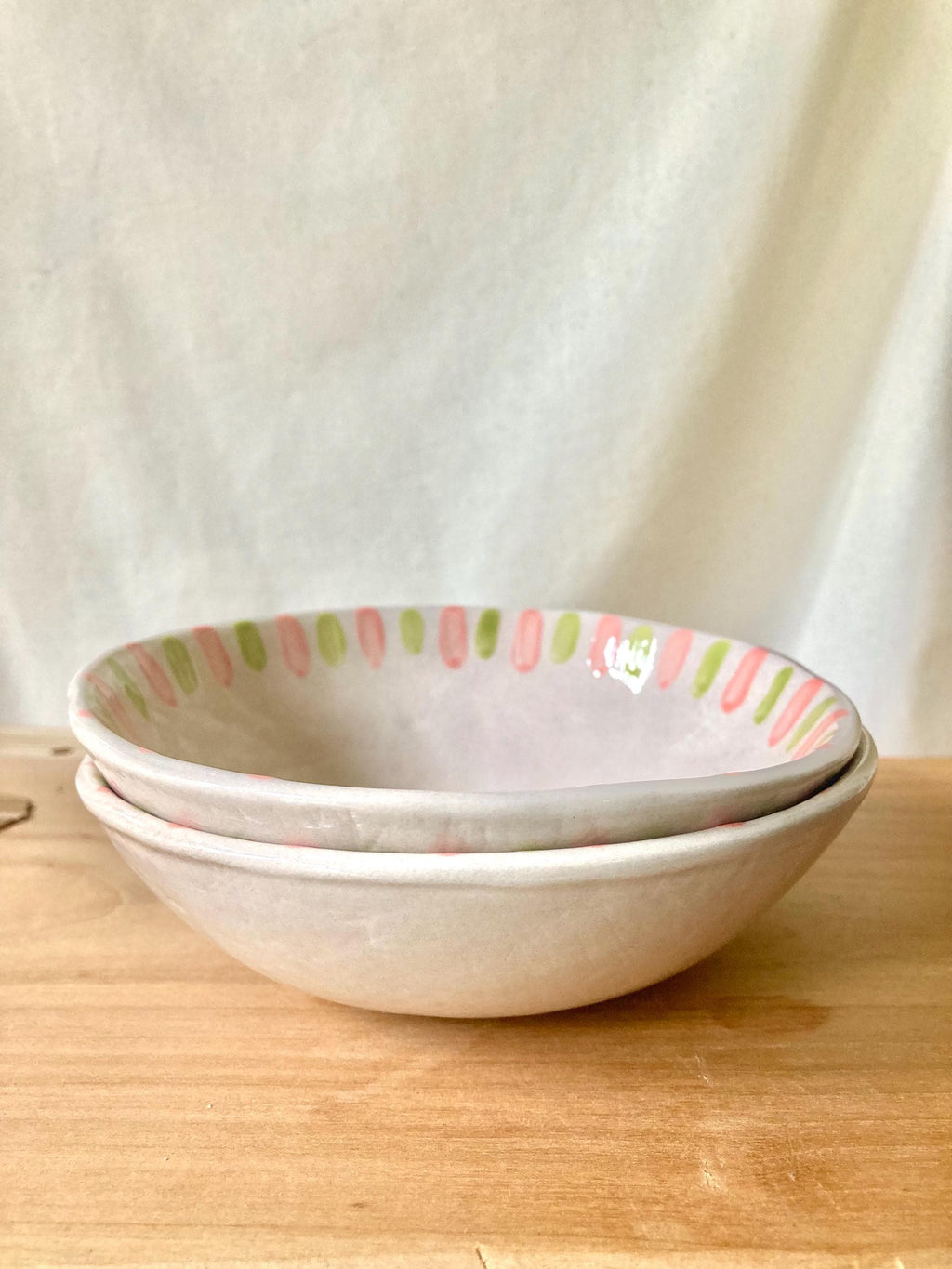 Bol céramique petites rayures vert et rose