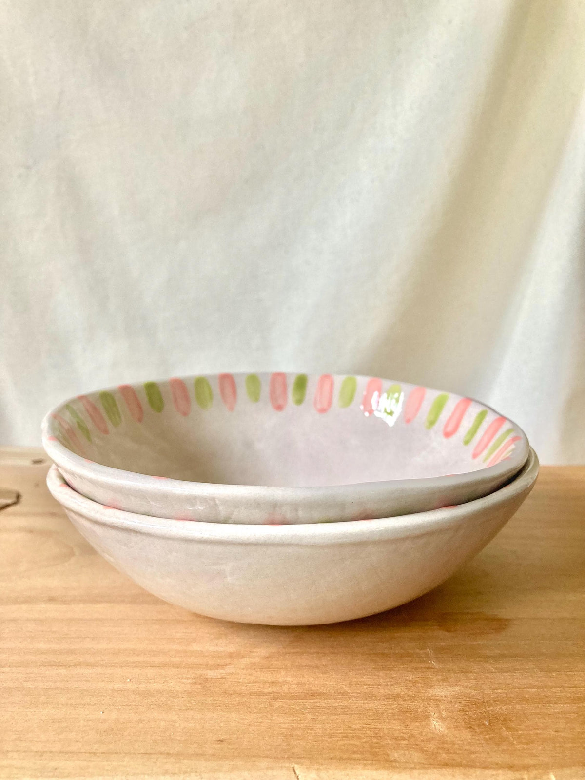 Bol céramique petites rayures vert et rose