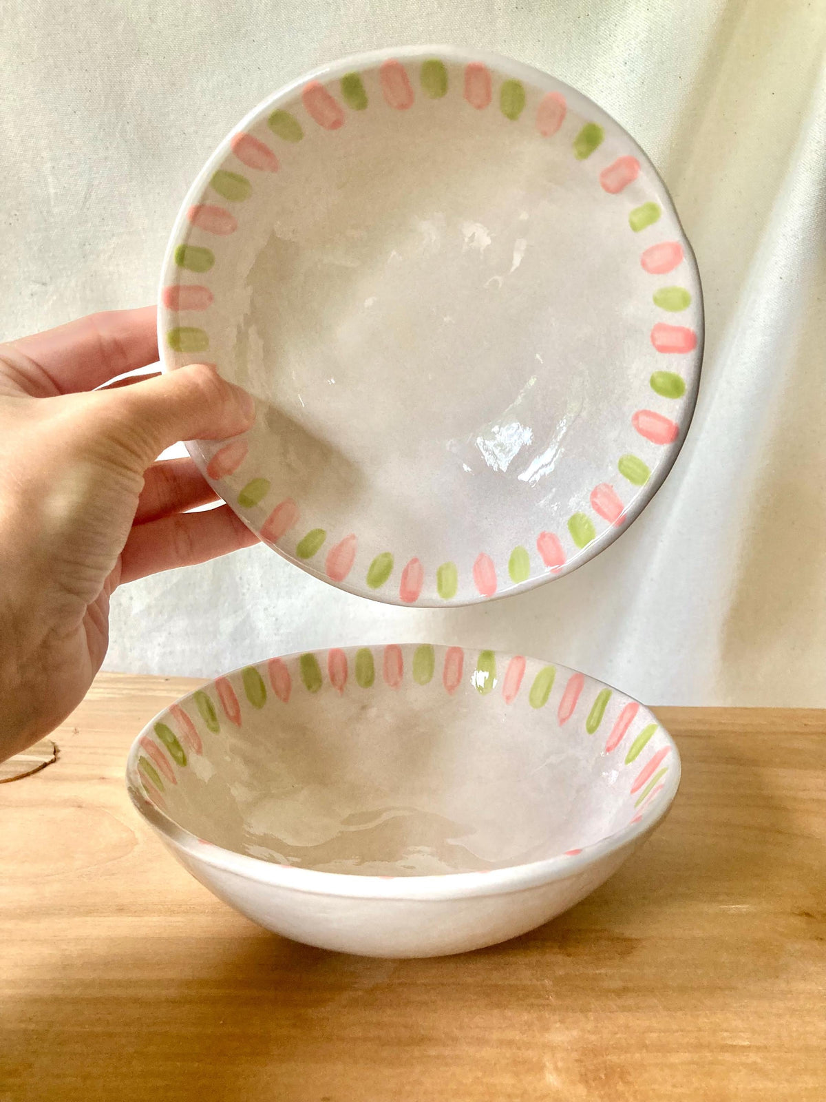 Bol céramique petites rayures vert et rose