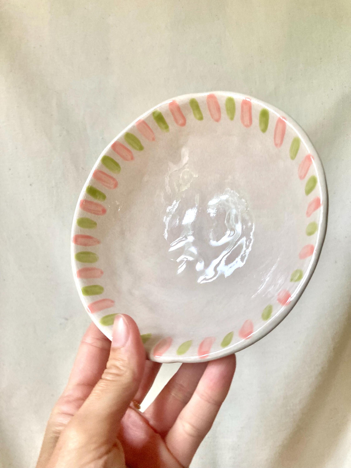 Bol céramique petites rayures vert et rose