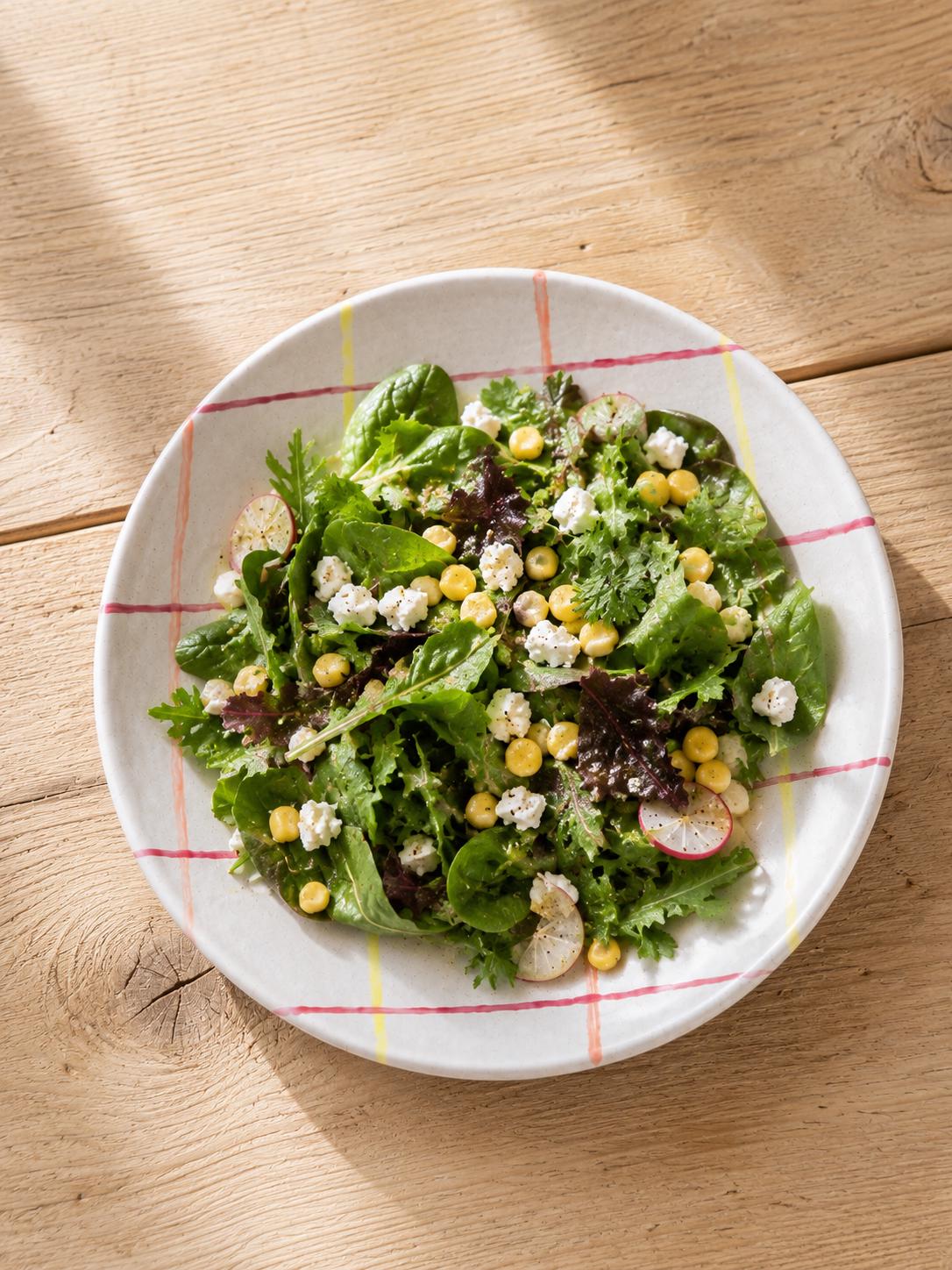 Assiette creuse céramique quadrillée rose et jaune