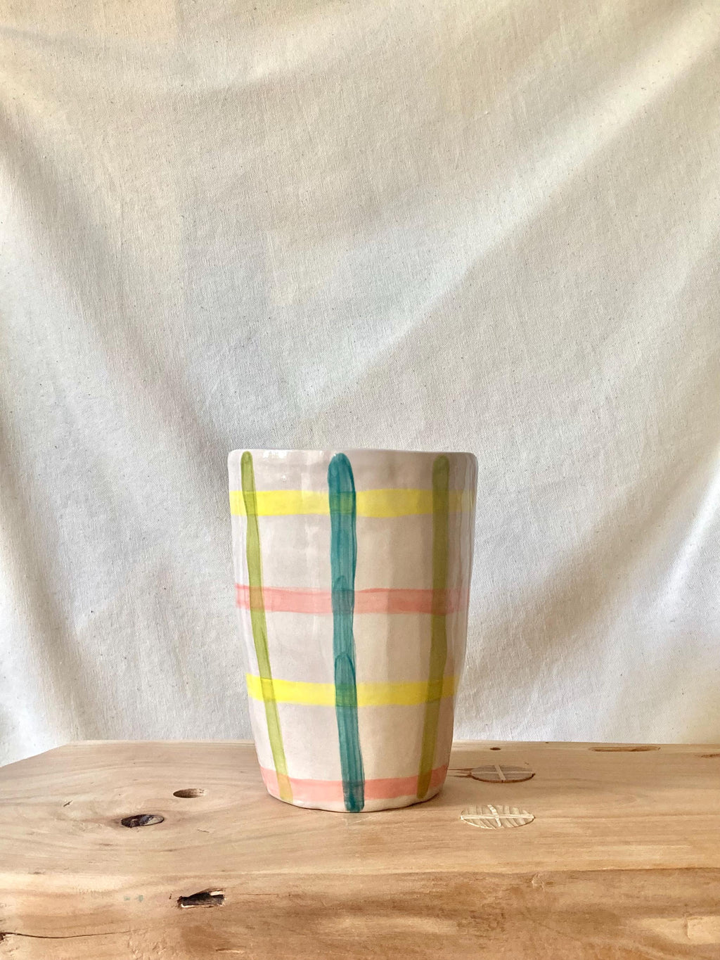 Vase céramique quadrillage jaune, rose, vert et bleu