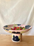 Coupe à fruit céramique fleurs noires et fond rose