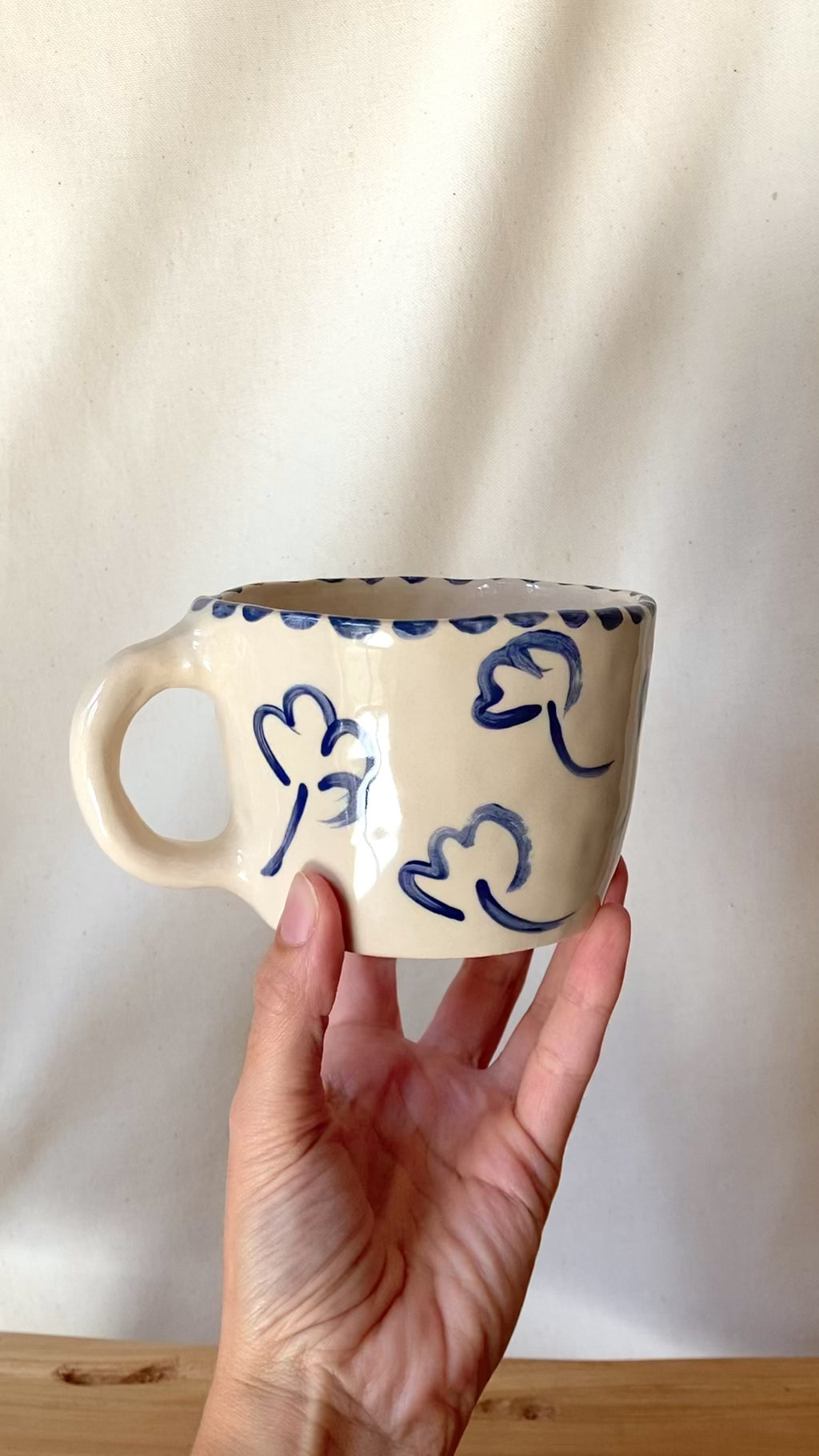 Large ceramic mug with blue flowers and blue polka dots